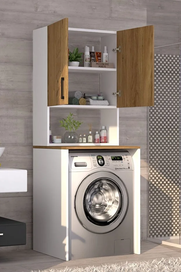 Üst Dolaplı Çok Amaçlı Çamaşır Makinesi Banyo Dolabı Beyaz